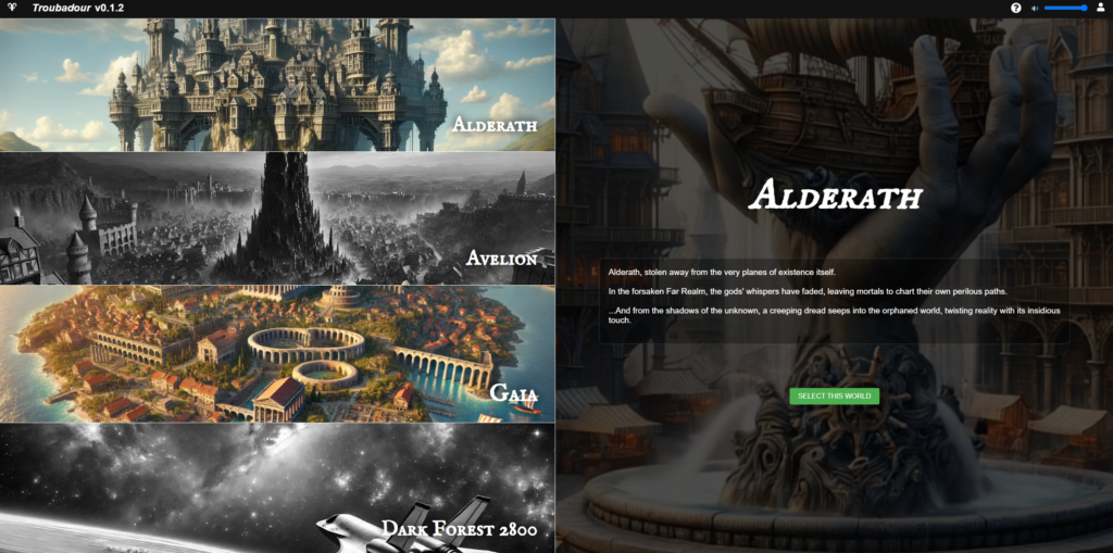 Screenshot showing early world selection screen in Troubadour